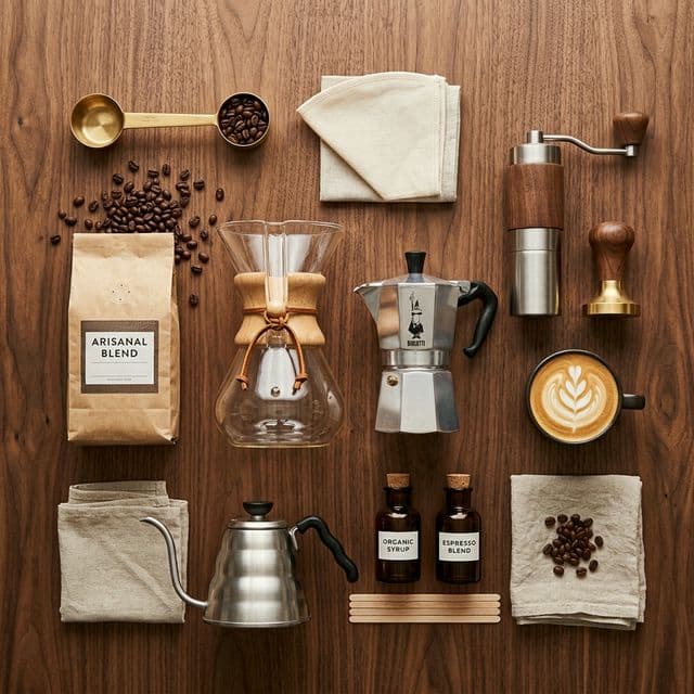 Curated collection of premium coffee equipment and accessories — Chemex, moka pot, grinder, kettle, and more
